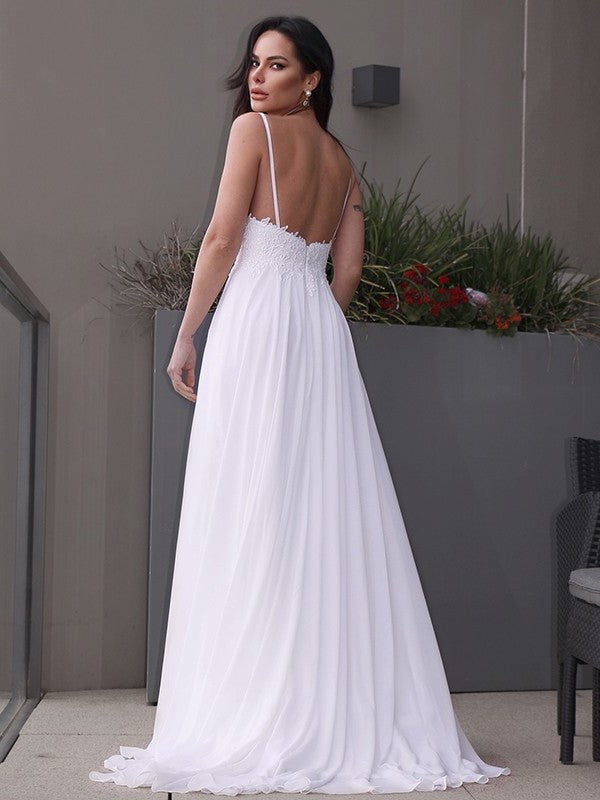 A-Line/Princess Chiffon Applique V-neck Sleeveless Sweep/Brush Train Wedding Dresses DFP0006050