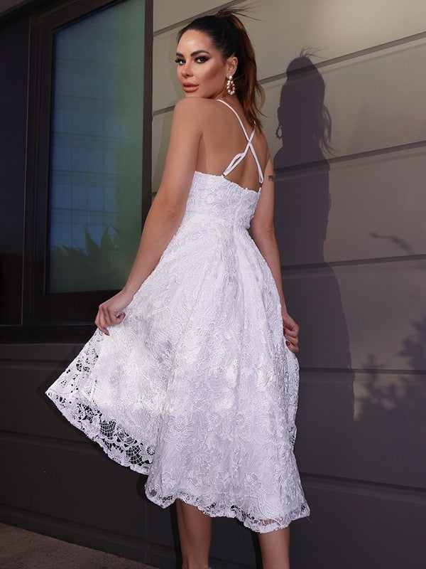 A-Line/Princess Sweetheart Lace Ruffles Sleeveless Asymmetrical Homecoming Dresses DFP0004434