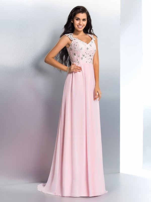 A-Line/Princess V-neck Applique Sleeveless Long Chiffon Dresses DFP0002658