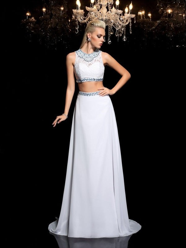 A-Line/Princess Jewel Beading Sleeveless Long Chiffon Two Piece Dresses DFP0004050
