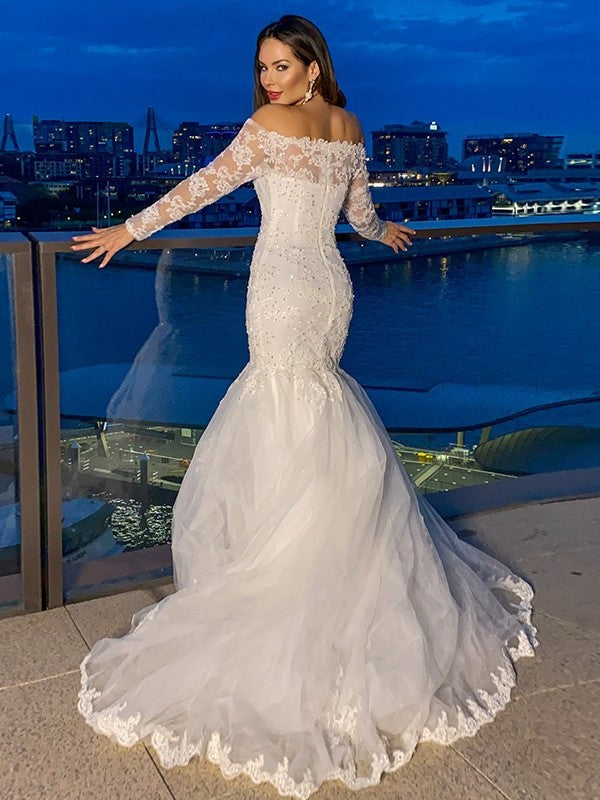 Trumpet/Mermaid Lace Tulle Long Sleeves Off-the-Shoulder Sweep/Brush Train Wedding Dresses DFP0005958