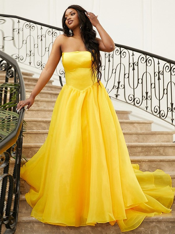 A-Line/Princess Satin Ruffles Strapless Sleeveless Sweep/Brush Train Dresses DFP0001617