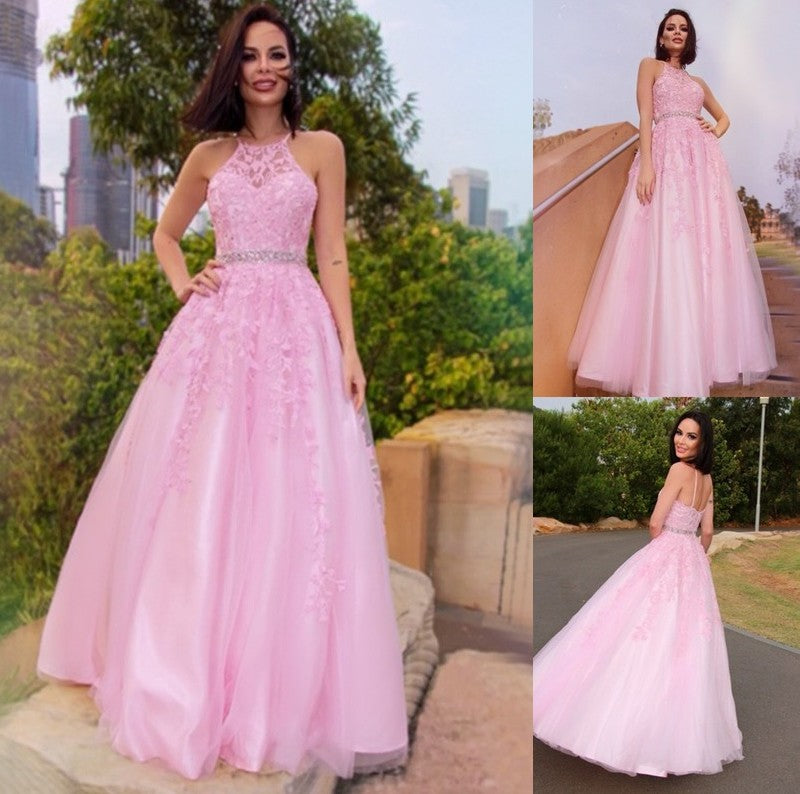 A-Line/Princess Tulle Applique Halter Sleeveless Floor-Length Dresses DFP0001607