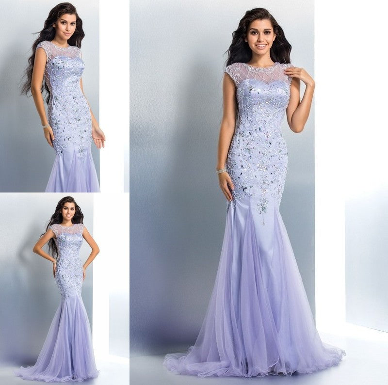 Trumpet/Mermaid Sheer Neck Beading Sleeveless Long Satin Dresses DFP0002527