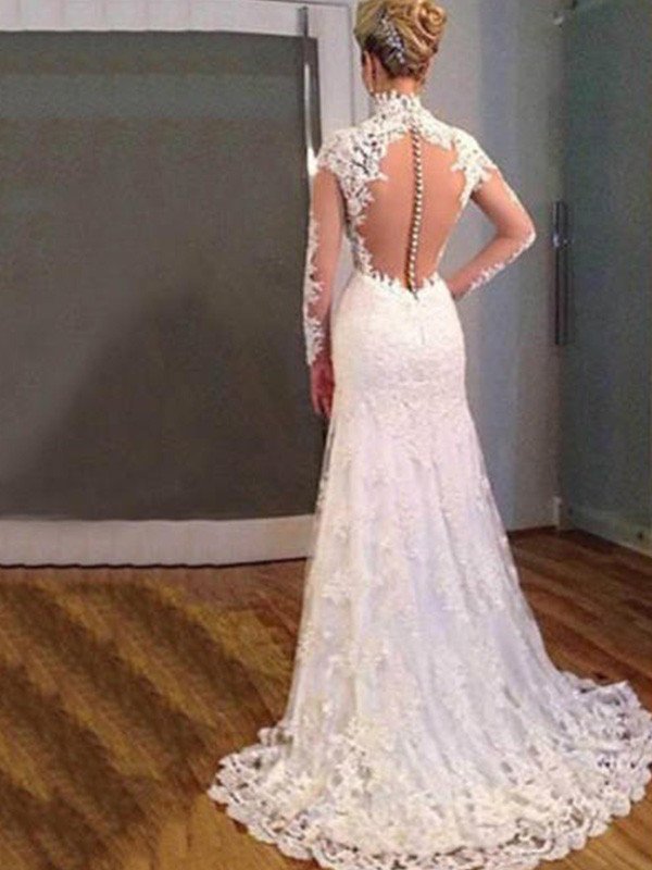 Trumpet/Mermaid Long Sleeves V-neck Sweep/Brush Train Applique Lace Wedding Dresses DFP0006226