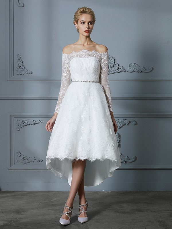 A-Line/Princess Long Sleeves Off-the-Shoulder Asymmetrical Lace Wedding Dresses DFP0006338