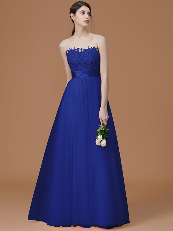 A-Line/Princess Bateau Sleeveless Floor-Length Applique Tulle Bridesmaid Dresses DFP0005365