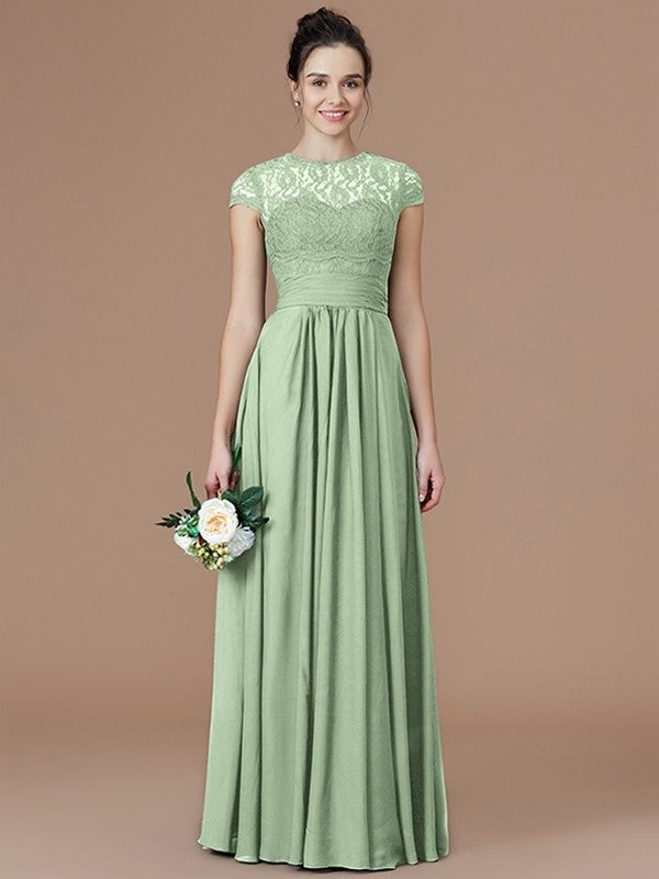 A-Line/Princess Jewel Short Sleeves Lace Floor-Length Chiffon Bridesmaid Dresses DFP0005179
