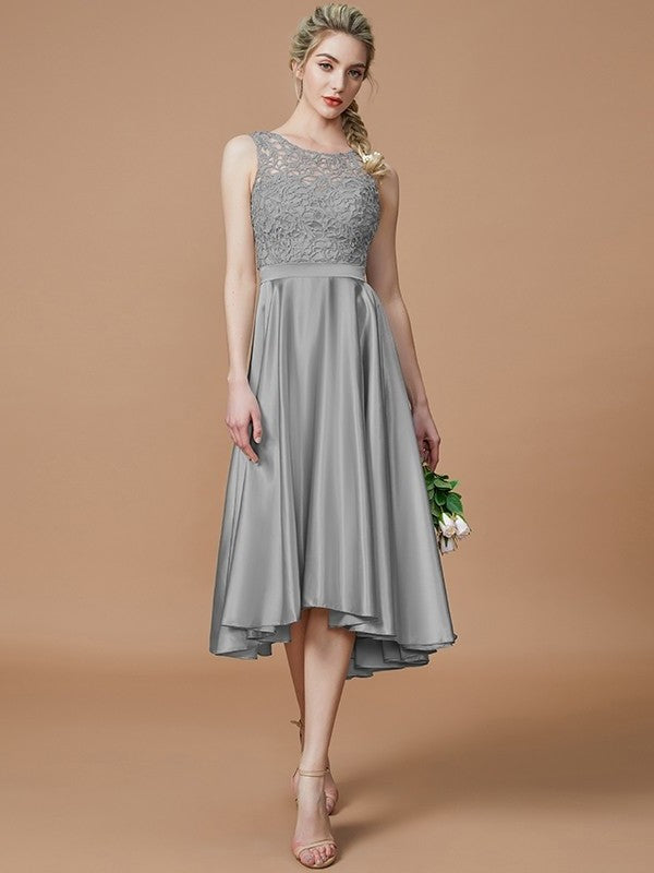 A-Line/Princess Bateau Sleeveless Ruffles Asymmetrical Silk like Satin Bridesmaid Dresses DFP0005019