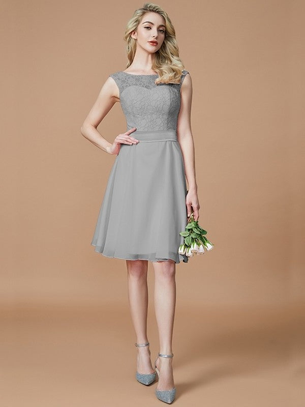 A-Line/Princess Bateau Sleeveless Lace Short/Mini Chiffon Bridesmaid Dresses DFP0005467