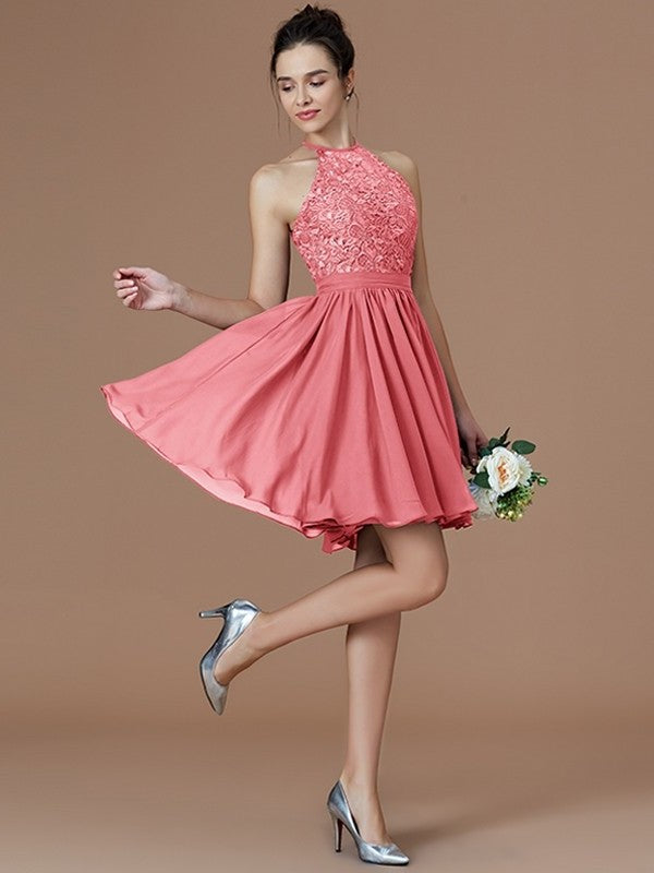 A-Line/Princess Halter Sleeveless Lace Short/Mini Chiffon Bridesmaid Dresses DFP0005132