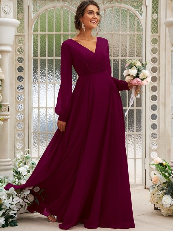 A-Line/Princess Chiffon Ruched V-neck Long Sleeves Floor-Length Bridesmaid Dresses DFP0004950