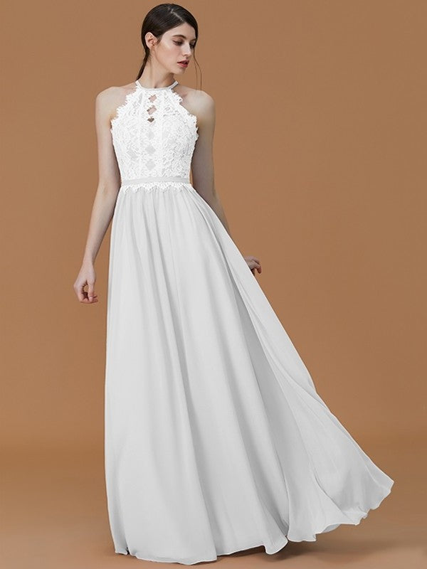 A-Line/Princess Halter Sleeveless Floor-Length Lace Chiffon Bridesmaid Dresses DFP0005137