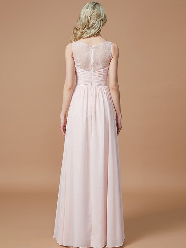 A-Line/Princess Bateau Sleeveless Ruched Floor-Length Chiffon Bridesmaid Dresses DFP0005673