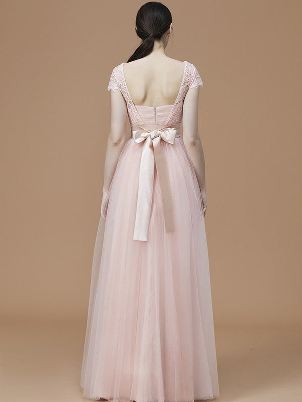 A-Line/Princess Bateau Short Sleeves Floor-Length Sash/Ribbon/Belt Tulle Bridesmaid Dresses DFP0005494