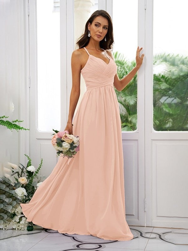 A-Line/Princess Chiffon Ruched V-neck Sleeveless Floor-Length Bridesmaid Dresses DFP0004928