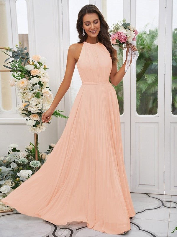 A-Line/Princess Chiffon Ruffles Halter Sleeveless Floor-Length Bridesmaid Dresses DFP0004922