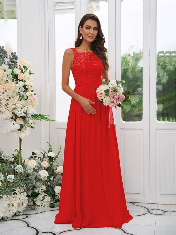 A-Line/Princess Chiffon Applique Square Sleeveless Floor-Length Bridesmaid Dresses DFP0004921