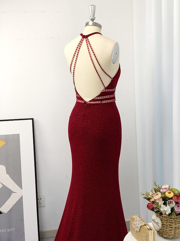 Sheath/Column Halter Sleeveless Sweep/Brush Train Beading Dresses DFP0004660