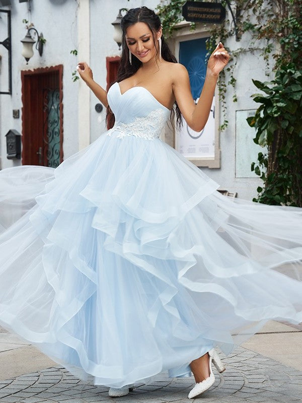 A-Line/Princess Tulle Applique Sweetheart Sleeveless Floor-Length Dresses DFP0001558