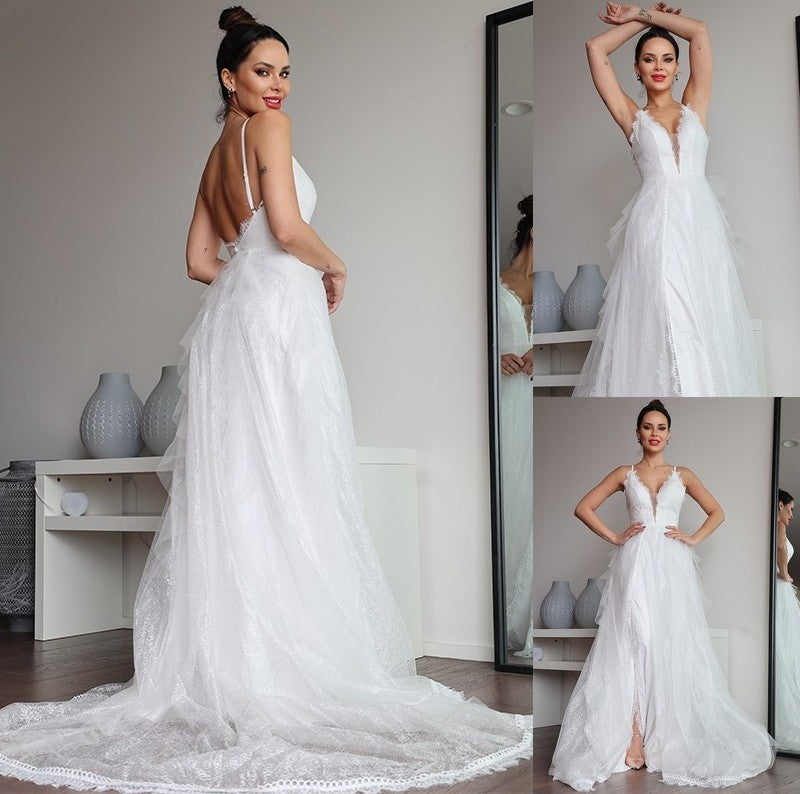 A-Line/Princess Lace Ruffles V-neck Sleeveless Sweep/Brush Train Wedding Dresses DFP0006454