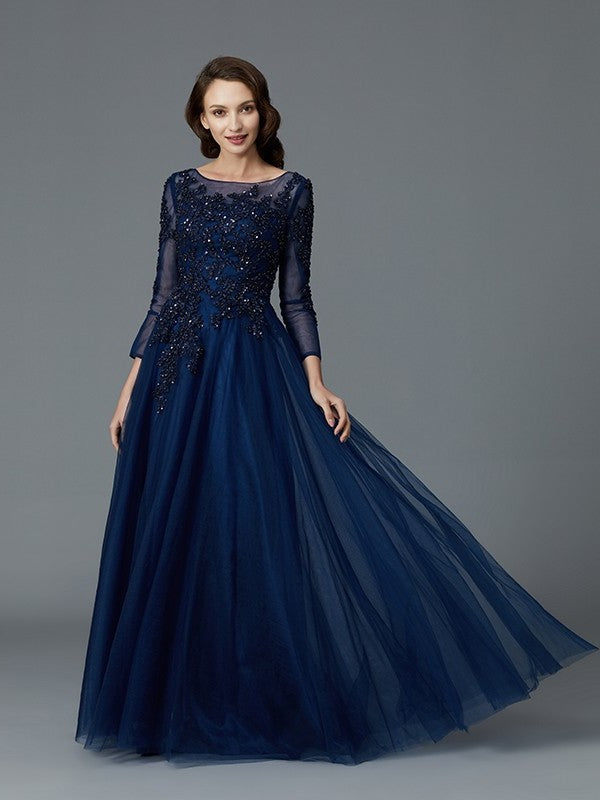 A-Line/Princess Long Sleeves Scoop Beading Floor-Length Tulle Mother of the Bride Dresses DFP0007069