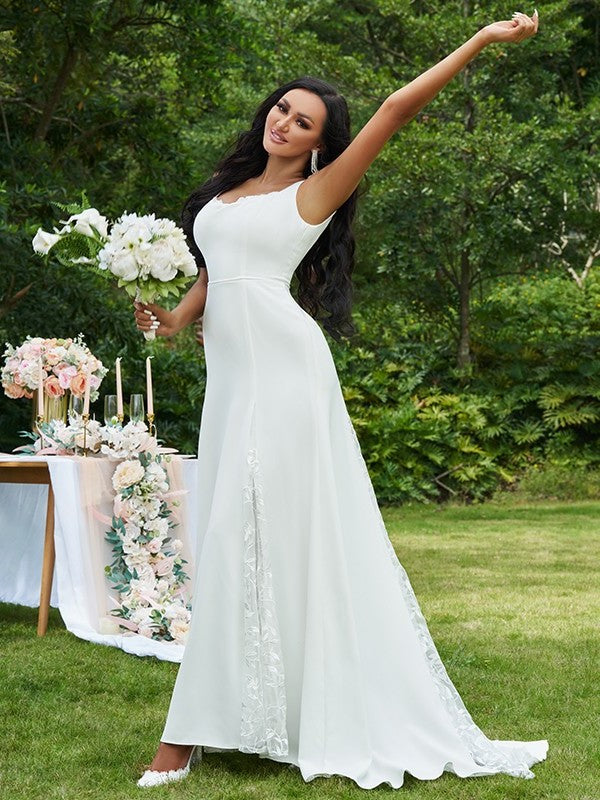 A-Line/Princess Lace Ruffles Straps Sleeveless Sweep/Brush Train Wedding Dresses DFP0006536
