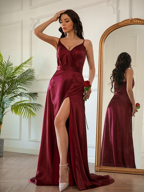 A-Line/Princess Silk like Satin Ruched V-neck Sleeveless Sweep/Brush Train Dresses DFP0001545