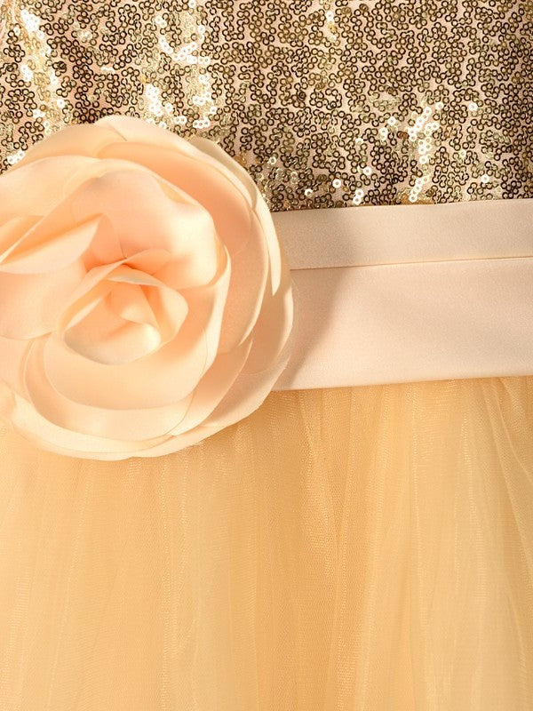 A-Line/Princess Tulle Hand-Made Flower Scoop Sleeveless Tea-Length Flower Girl Dresses DFP0007529