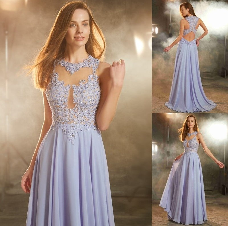 A-Line/Princess Scoop Sleeveless Floor-Length Applique Chiffon Dresses DFP0002606