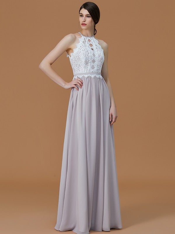 A-Line/Princess Halter Sleeveless Floor-Length Lace Chiffon Bridesmaid Dresses DFP0005137