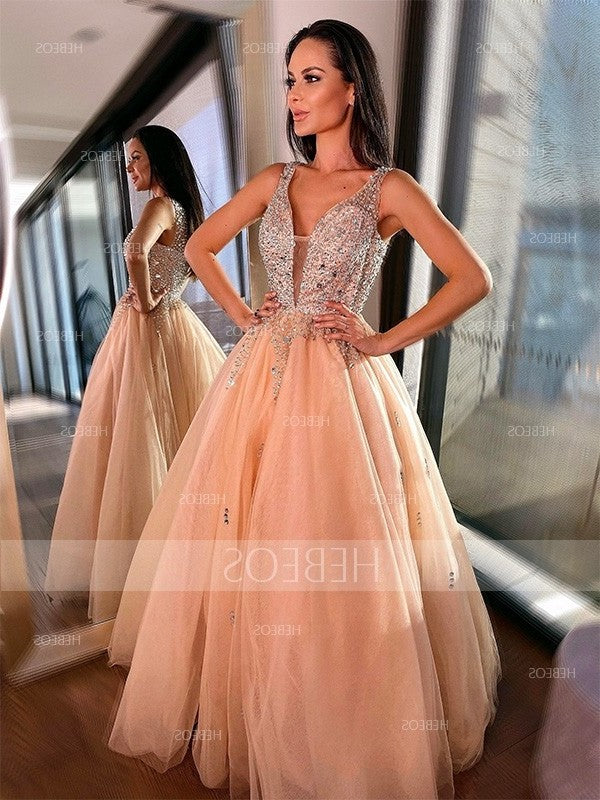 Ball Gown Beading Tulle Sleeveless V-neck Floor-Length Dresses DFP0002508