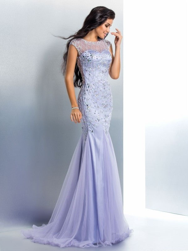 Trumpet/Mermaid Sheer Neck Beading Sleeveless Long Satin Dresses DFP0002527