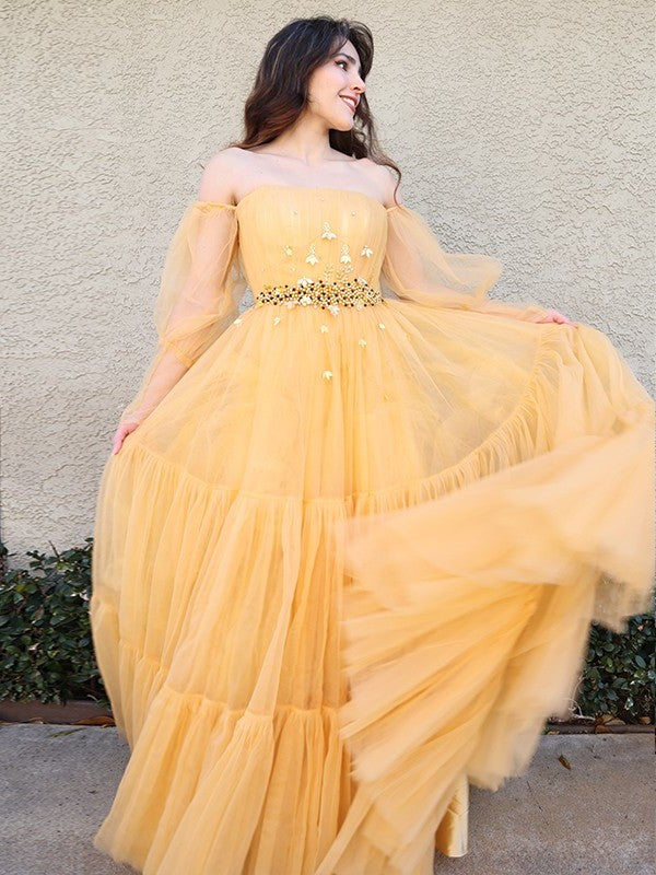 A-Line/Princess Tulle Beading Off-the-Shoulder Long Sleeves Floor-Length Dresses DFP0001698