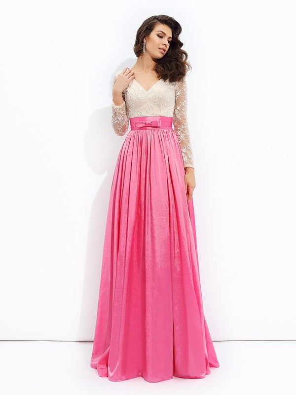 A-line/Princess V-neck Lace Long Sleeves Long Taffeta Dresses DFP0002868