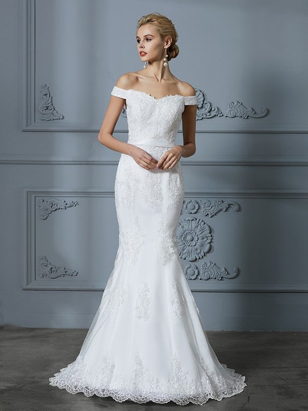 Trumpet/Mermaid Off-the-Shoulder Sleeveless Lace Sweep/Brush Train Tulle Wedding Dresses DFP0006423