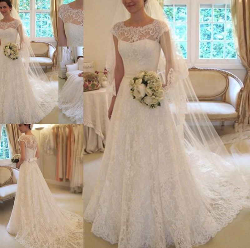 A-Line/Princess Sash/Ribbon/Belt Short Sleeves Square Court Train Applique Lace Wedding Dresses DFP0006475