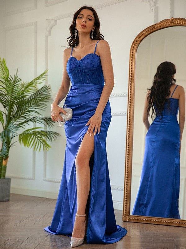 Sheath/Column Silk like Satin Ruched Spaghetti Straps Sleeveless Sweep/Brush Train Dresses DFP0001544