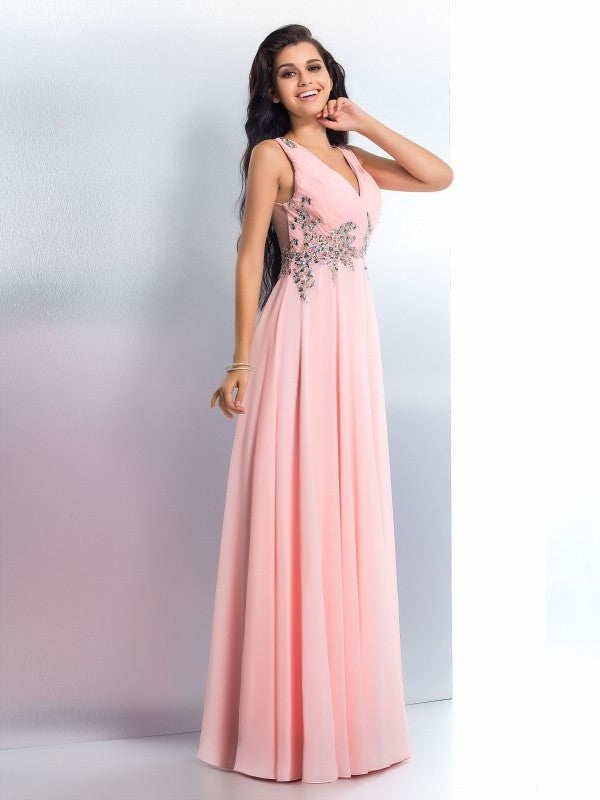 A-Line/Princess V-neck Beading Sleeveless Long Chiffon Dresses DFP0002794