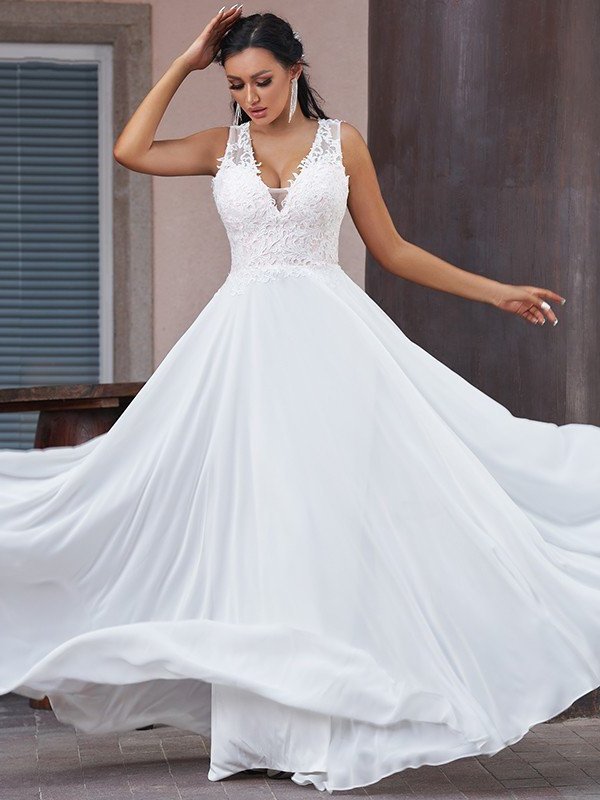 A-Line/Princess Chiffon Lace V-neck Sleeveless Sweep/Brush Train Wedding Dresses DFP0005903