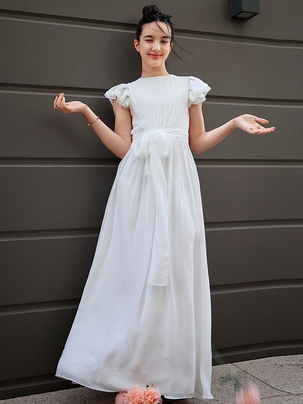 A-Line/Princess Chiffon Ruffles Scoop Short Sleeves Floor-Length Junior/Girls Bridesmaid Dresses DFP0005874