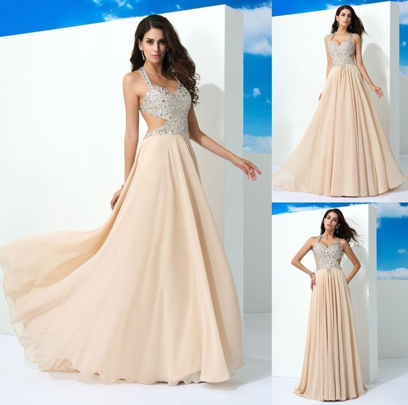 A-Line/Princess Straps Beading Sleeveless Long Chiffon Dresses DFP0002580