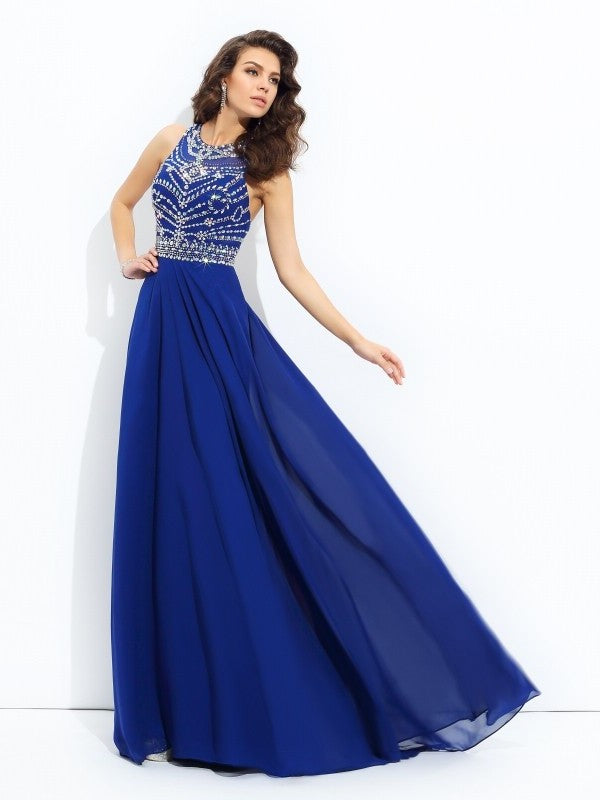 A-line/Princess Scoop Beading Sleeveless Long Chiffon Dresses DFP0002024