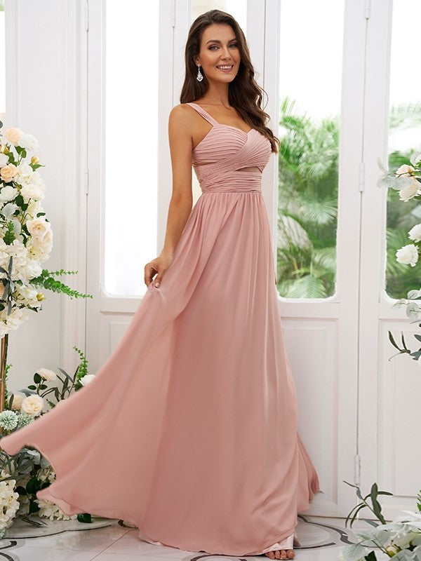 A-Line/Princess Chiffon Ruched Straps Sleeveless Floor-Length Bridesmaid Dresses DFP0004915