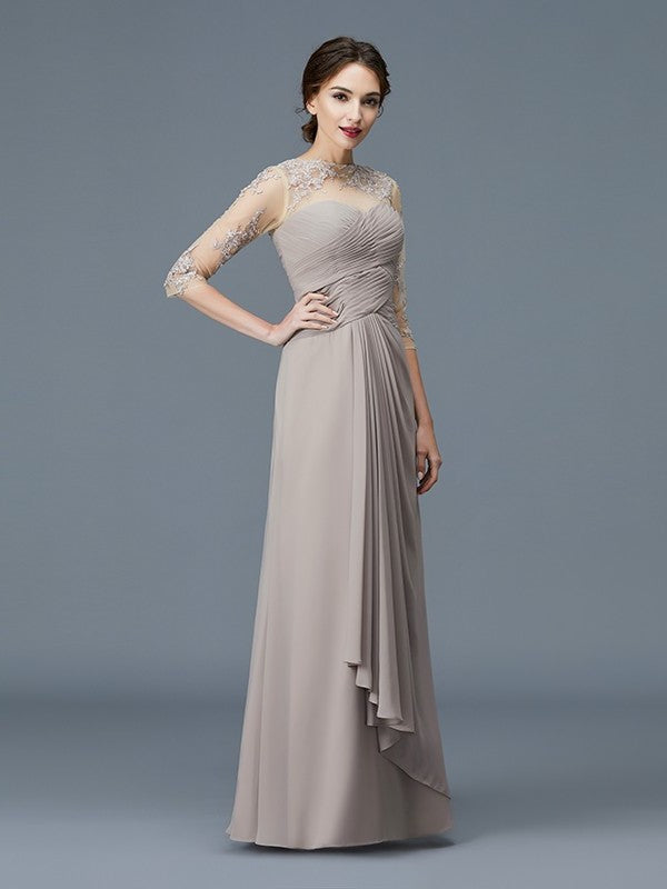 A-Line/Princess Sheer Neck 3/4 Sleeves Ruffles Chiffon Floor-Length Mother of the Bride Dresses DFP0007219