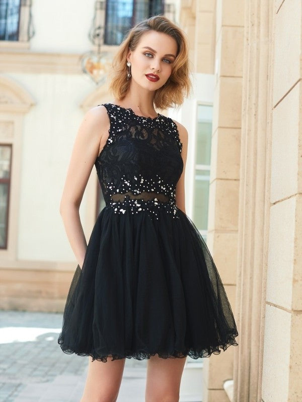 A-Line/Princess Jewel Sleeveless Lace Net Short/Mini Dresses DFP0003107