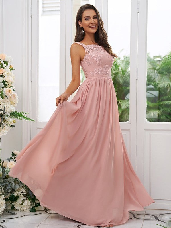 A-Line/Princess Chiffon Applique Square Sleeveless Floor-Length Bridesmaid Dresses DFP0004921