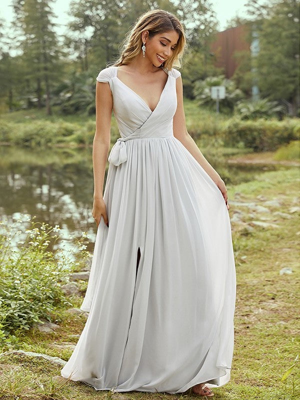 A-Line/Princess Chiffon Ruffles V-neck Sleeveless Floor-Length Bridesmaid Dresses DFP0004971