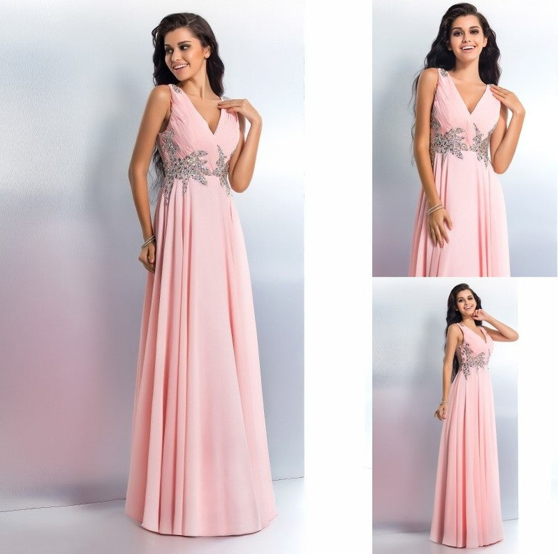 A-Line/Princess V-neck Beading Sleeveless Long Chiffon Dresses DFP0002794