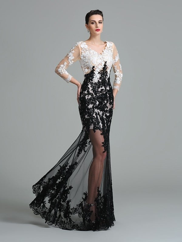 Sheath/Column V-neck Lace 3/4 Sleeves Long Net Dresses DFP0002992